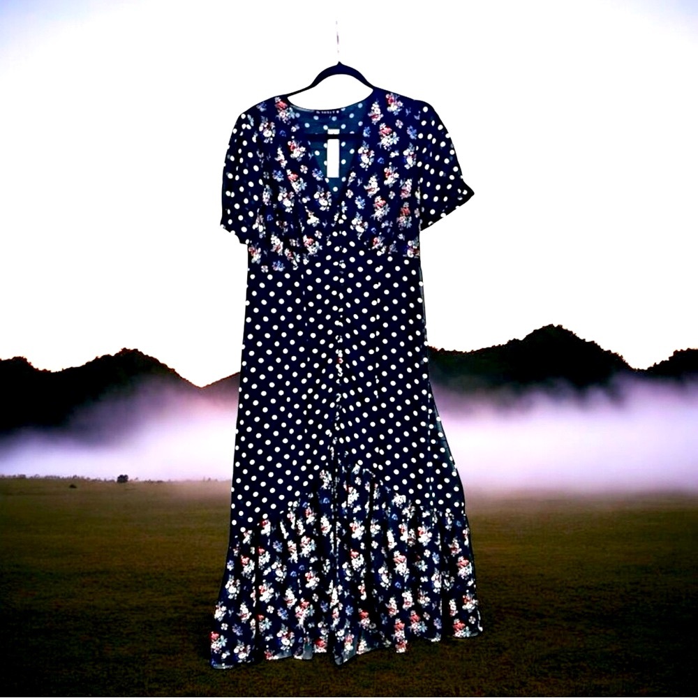 Soncy Maxi Dress Women's Size 10 Mixed‎ Print Polka Dots Floral Dark Whimsigoth